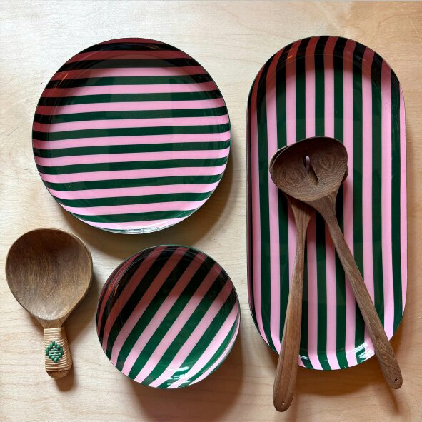 Love Frankie Large Stripy Oval Trays - 5 Colours Available - Large Oval Stripy Tray in Rose Pink and Forest Green