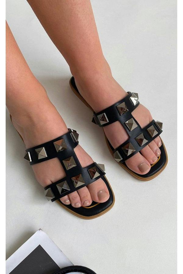Audrey Studded Slip On Sandals - Black