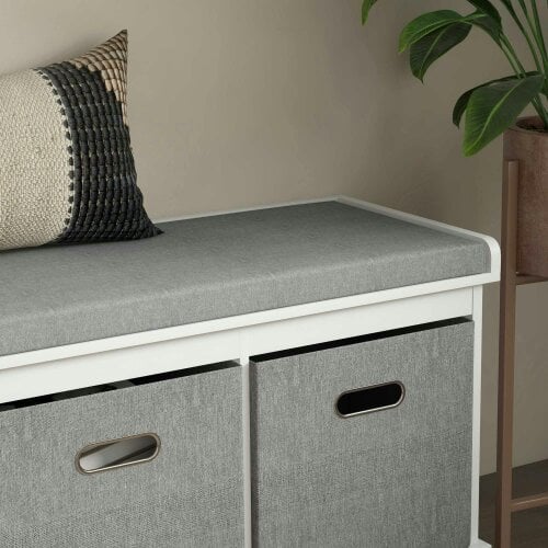 Wyld Haus Elfila Wooden White 3 Drawer Shoe Storage Bench With Grey Padded Seat