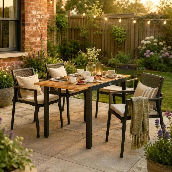 Patio Dining Table Expandable Outdoor Dining Table Acacia Wood Top 80-120 cm Natural and Black - Natural wood finish