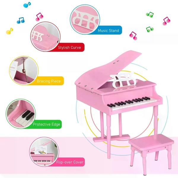 Pink mini kids piano with flip-over cover and protective edge