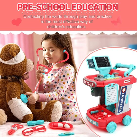 deAO Toys 22Pcs Educational Pretend Medical Station Set Doctor Children Role Play Trolley Set Gift for Kids age 3+