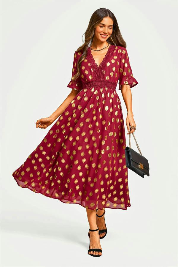 FS Collection Gold Foil Long Sleeve Lace Trim V Neck Maxi Dress In Wine