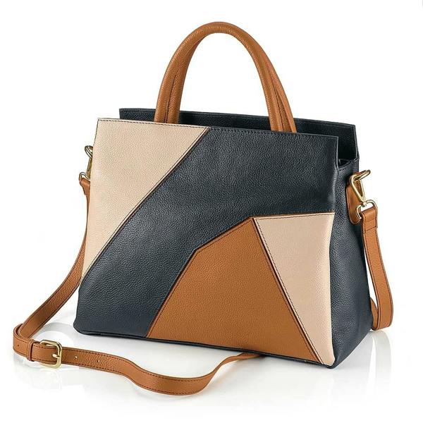 Pia Tan & Navy Leather Cross-Body Bag, Croc-Embossed Trim with Gold