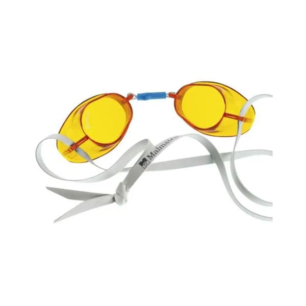 Malmsten Swedish low profile amber swim goggles in yellow and blue