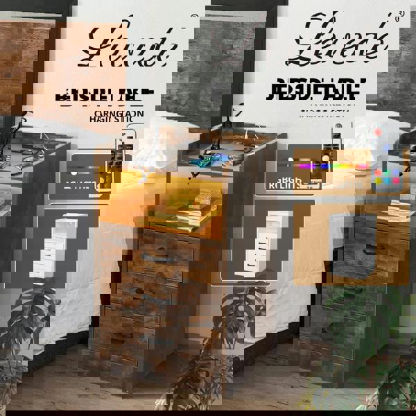 Levede Bedside Table Nightstand USB Charger Outlet RGB LED 3 Drawers Storage