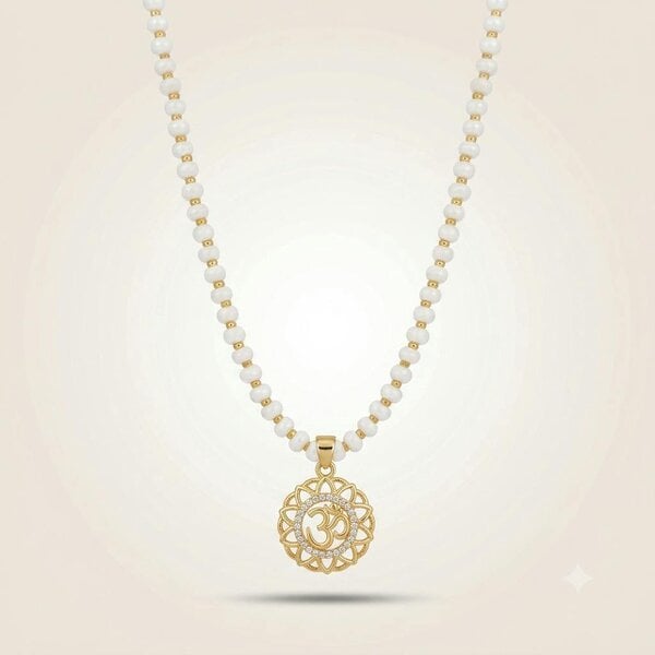 The Colourful Aura Pearl Beaded Om Pendant Necklace, 18ct Gold Plated