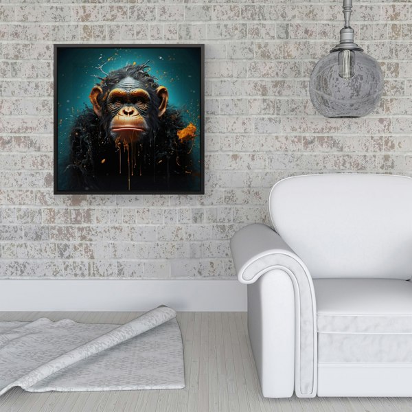 Warren Reed Monkey Face Splash Art Blue Framed Canvas