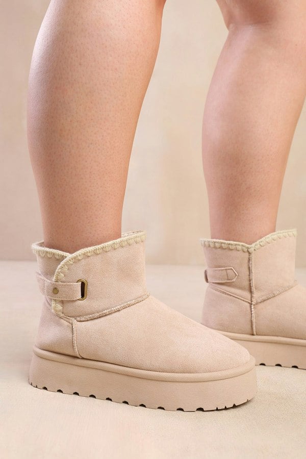 Where's That From Calla Flatform Fur Lining Ankle Boot With Velcro Fastening In Cream Suede