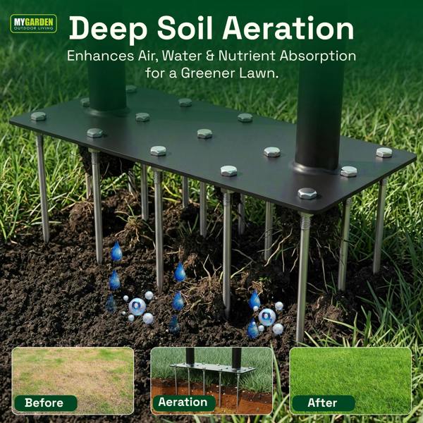 My Garden Outdoor Living My Garden Lawn Aerator Tool with 15 Spikes Built-in with 3 Extra Spikes - 98cm Long Manual Lawn Spike Aerator with T-Handle