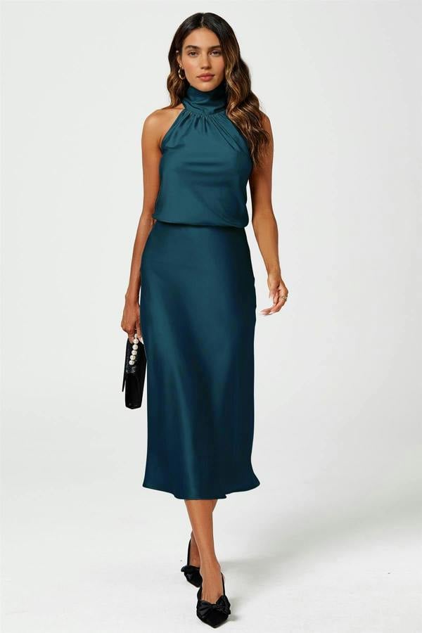 FS Collection Satin Halter Neck Tie Back Top In Teal