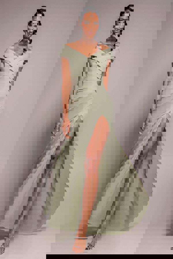 Scuba Crepe Off Shoulder Front Split Maxi Dress - Sage Green DR2930SC