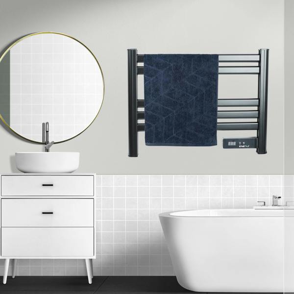 Ener-J 100W Infrared Heated Towel Rail, Wall Mounted 5-Bar Electric Bathroom Radiator, LED Timer, IP24 Black