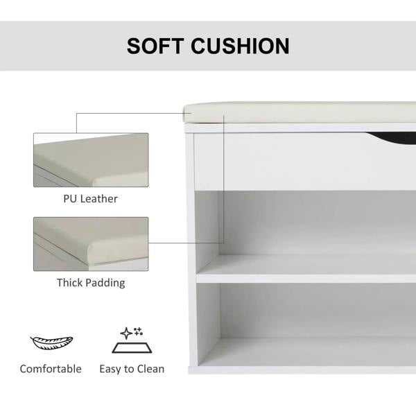 White shoe bench with light beige PU leather padded seat and thick cushioning