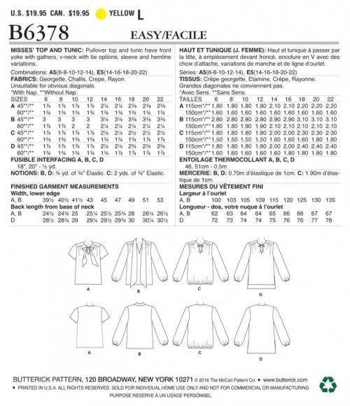 Butterick Sewing Pattern 6378, Tops, Tunics for Women, 6-8-10-12-14 - Easy