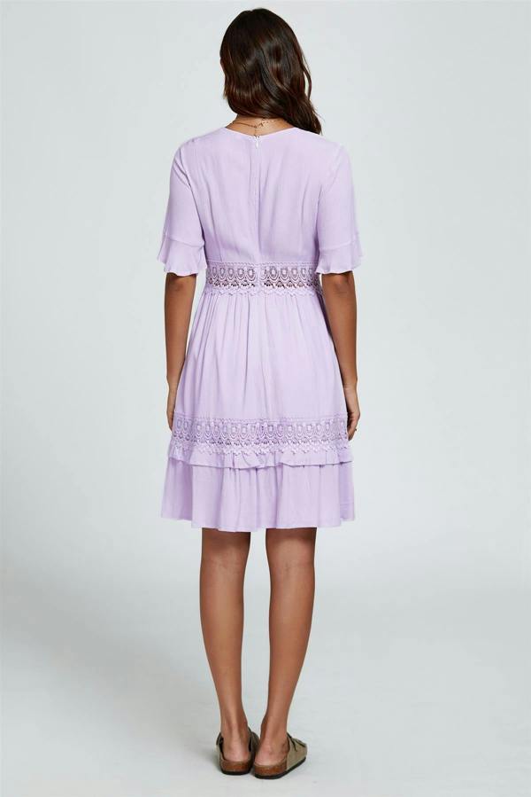 FS Collection V Neck Lace Mini Dress In Purple