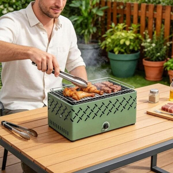Bobobiy Portable Charcoal BBQ Grill, Battery Powered Barbecue Grill with Built-in Fan for Camping Picnic, Light Green