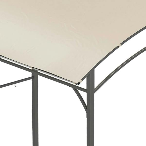 Corner of beige gazebo canopy with metal frame support and stitched edge seam