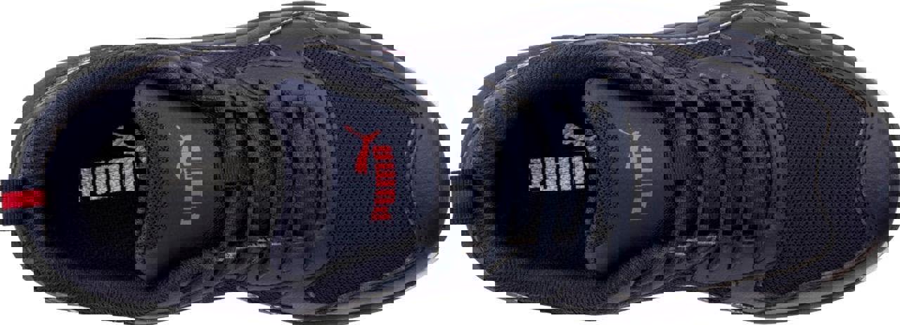 PUMA Safety PUMA Shift S1P Mens Composite Toe Midsole Work Shoes Trainers, top view of navy blue athletic work shoes featuring lace-up design and cushioned interior.