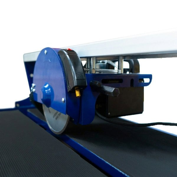 Wet tile cutter bench with a blue motor, 720mm cutting capacity, and textured black surface for stability and precision cutting