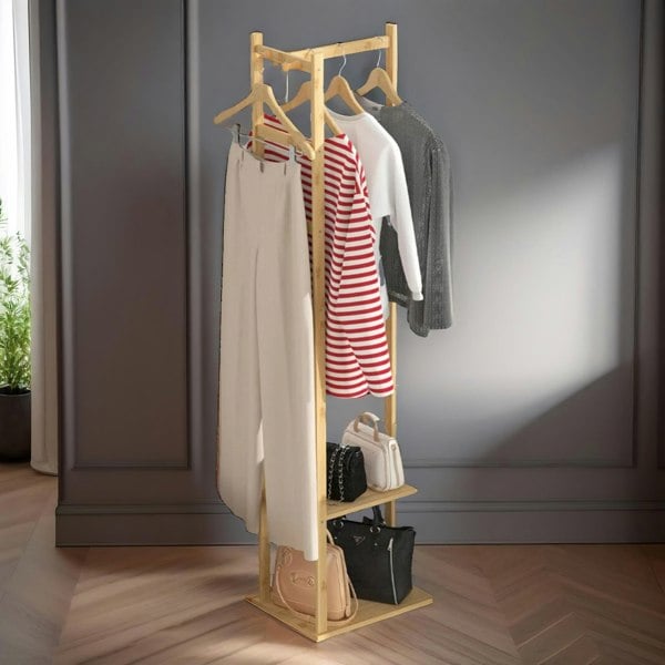 Rafaelo Mobilia Narrow Bamboo Clothes Rail With 2 Shelves