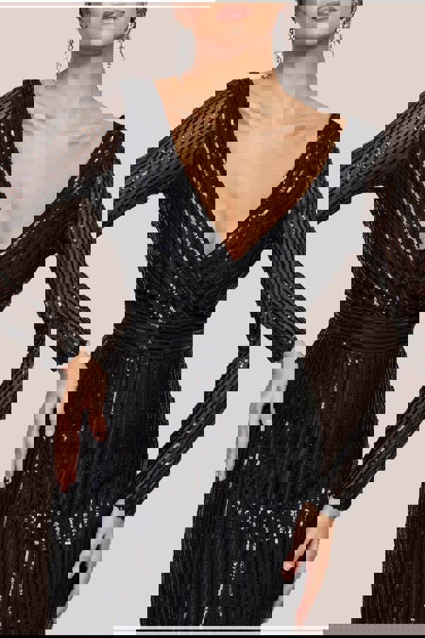 Long Sleeve Sequin V Wrap Maxi Dress - Black DR3485