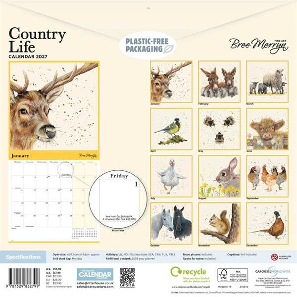 Bree Merryn, Country Life Calendar 2027, Wall Calendars, Month To View, Animals, Gift