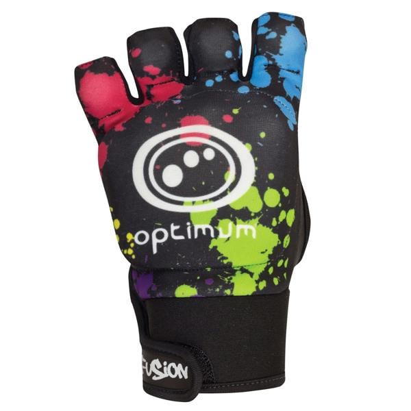 Black Optimum Fusion half-finger hockey glove with multi-colour paint-splatter print and white logo, on white - Optimum