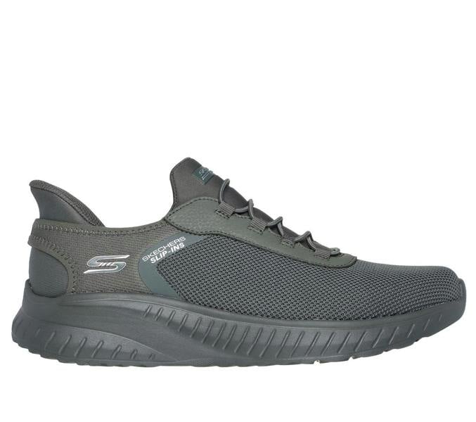 Skechers Bobs Squad Chaos Tough Walk Mens Slip-Ins Casual Trainers, grey athletic slip-on shoes with breathable mesh material and cushioned soles.