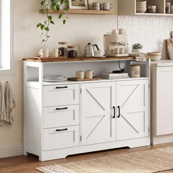 Sideboard Cabinet with Power Outlet, Farmhouse Kitchen Cabinet with 3 Drawers and Open Shelf, White