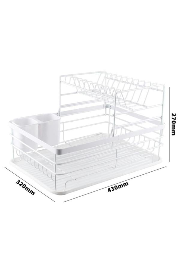 Living and Home Kitchen 2-Tier Metal Dish Drainer Rack Detachable Storage Drip Tray Sink Washing Plates Draining Board - White