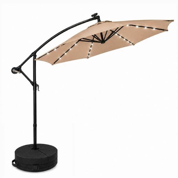 Samuel Alexander 3m Solar Powered Cantilever Lit Banana Garden Parasol with Crank Handle & White LED Lights in Beige with Base Bag Included