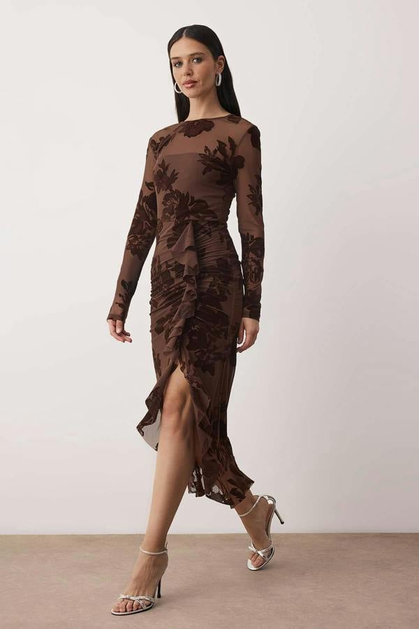 WOVCOR Flocked Mesh Lined Long Sleeve Bodycon Midi Dress