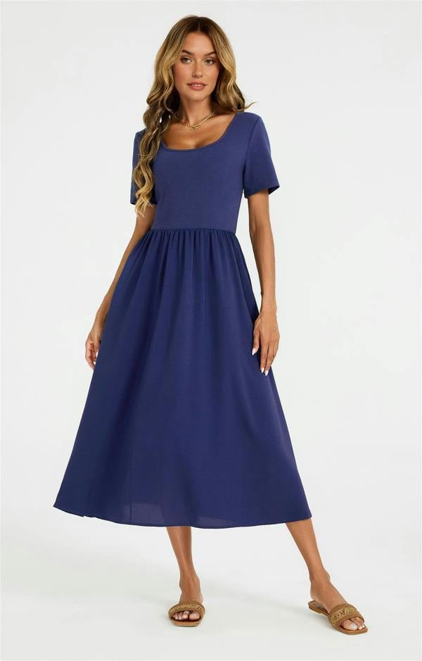FS Collection Short Sleeve Jersey Bodice Midi Dress with Pockets In Navy