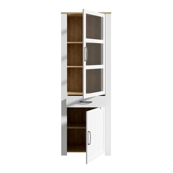 Wyld Haus Bramblecroft White and Natural Oak Wood Narrow Display Cabinet 2 Doors 1 Drawer