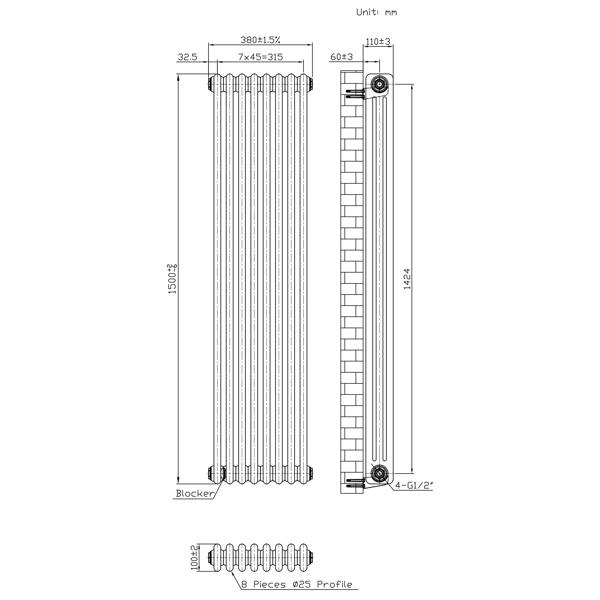 Monstershop Traditional 3 Column Radiator - 1500 x 380mm - Raw Metal
