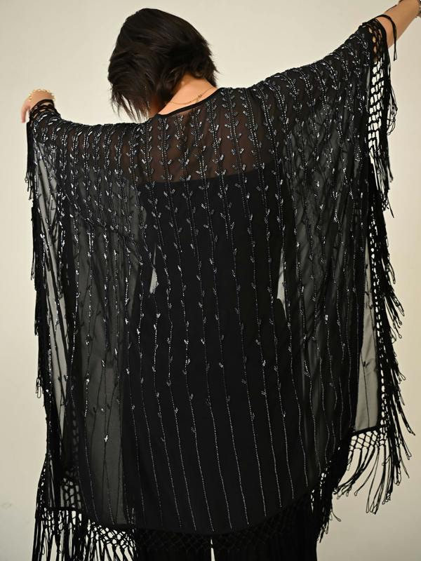 Rose & Nancy Fi Black Statement Hand Embellished Fringe Trim Kimono