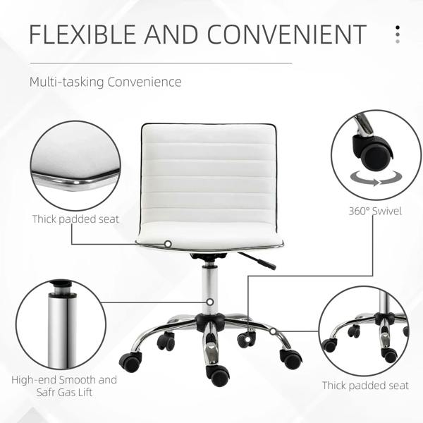 White PU armless office chair with mid-back, thick padding, and chrome swivel base