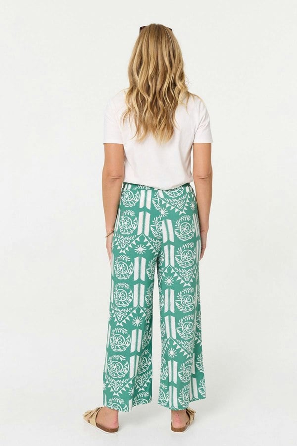 Green | Printed High Waist Wide Crop Trousers
