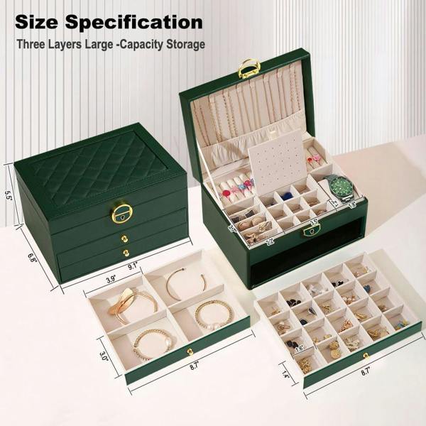 Dyzi 3 Layer PU Leather Jewellery Box Organiser with Drawers Green