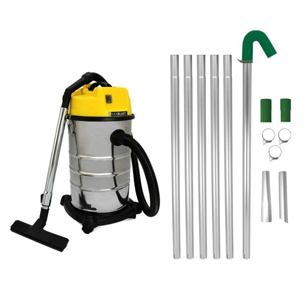 Gutter vacuum poles and 30L wet and dry vacuum with a stainless steel body, yellow top, and multiple attachments for versatile cleaning