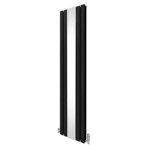 Sleek black flat mirror radiator with a polished surface, measuring 1800mm x 425mm, featuring modern vertical design and chrome valves
