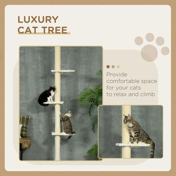 Cream cat tree shown in a promotional layout, with stacked perches for climbing.