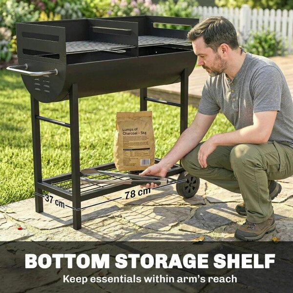 Bobobiy Charcoal Barbecue Grill with 2 Cooking Areas, Portable BBQ Trolley with Wheels, Height Adjustable Grates, Bottom Shelf