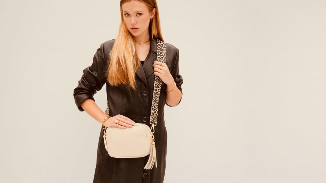 Apatchy London The Tassel Stone Leather Crossbody Bag with Apricot Cheetah Strap