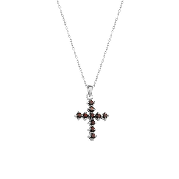 Spero London Sterling Silver Burgundy Garnet Cross Pendant