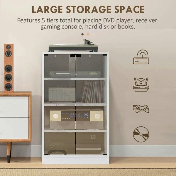 Bobobiy 4-Tier Hi-Fi Stand, Record Player Stand with Adjustable Shelves and Push-to-Open Glass Doors, White Wood-Effect