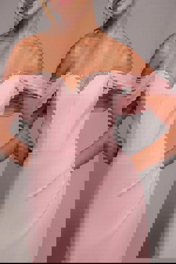 Off The Shoulder Draped Sleeve Maxi Dress With Diamante Neckline - Blush Pink DR4588