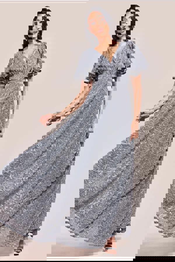 Sequin Lurex Flutter Sleeve Maxi Dress - Silver DR3680