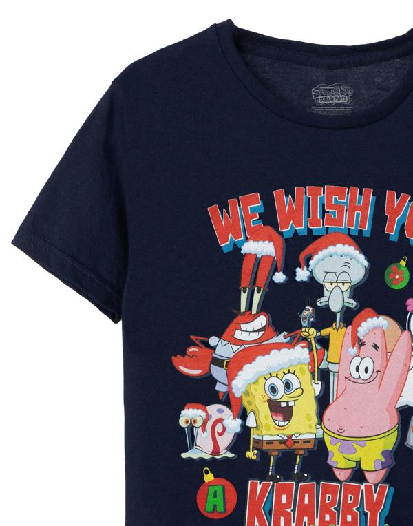 SpongeBob SquarePants Unisex Kids Blue Krabby Christmas Short Sleeved T-Shirt